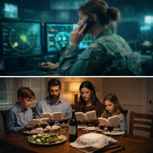 A blurred female Israeli soldier sits at a military radar workstation, phone pressed to her ear, screens glowing blue-green in a dim operations room