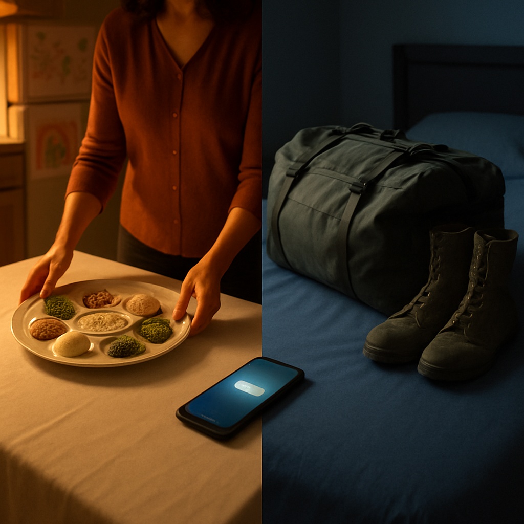 A split image showing a family preparing a Passover Seder table on one side and a packed IDF military duffel bag on the other, with a glowing phone in between representing the call-up.