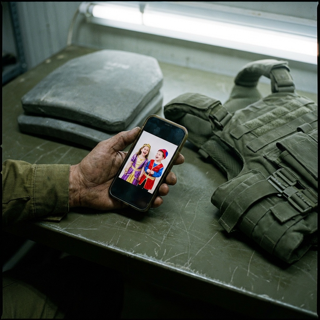 A soldier's hand holds a phone showing his children in Purim costumes while ceramic ballistic plates and tactical gear sit on the table beside him at a military staging area.