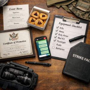An overhead view of a desk split between party planning items and military equipment checklists, showing the dual reality of an IDF reserve logistics officer preparing for both a celebration and a possible deployment.