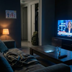A dimly lit living room at night with a glowing phone on the coffee table and a packed military duffel bag visible in a closet doorway, capturing the tension of an IDF reservist waiting for a call-up.
