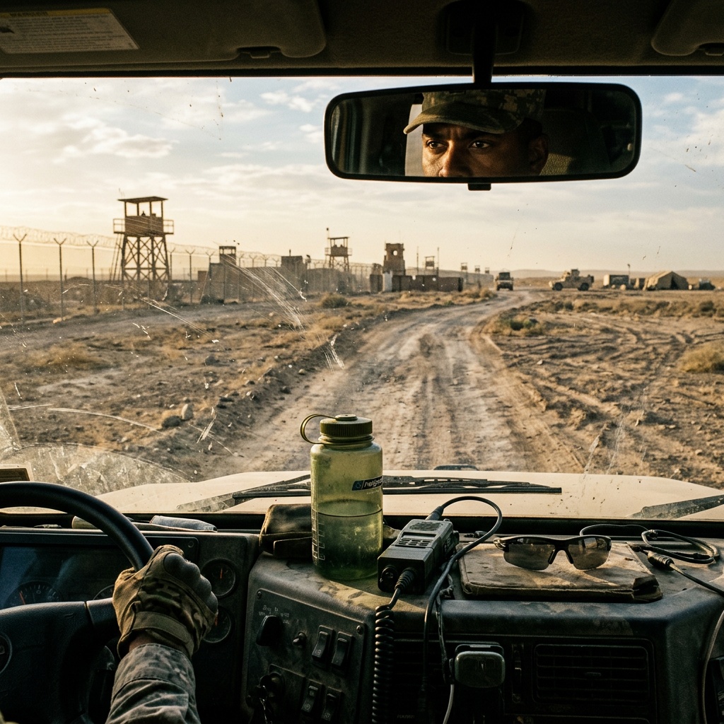 A view through a military truck windshield on a dusty road near the Gaza border, with the driver's focused eyes visible in the rearview mirror, capturing the daily reality of IDF logistics work.