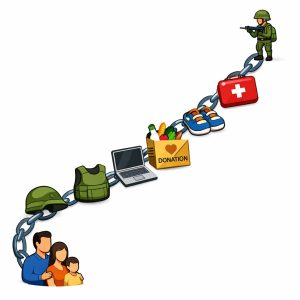 A symbolic chain connecting a soldier to a family, with links made of military gear, laptops, groceries, and donation envelopes, illustrating how everyone is part of the IDF support supply chain.