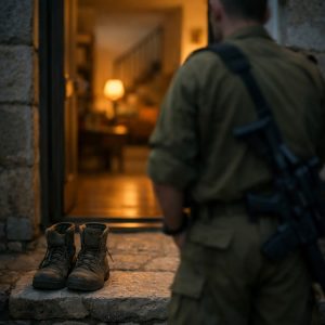 An IDF soldier stands silhouetted in the doorway of his home at dusk, representing the difficult return home after war.